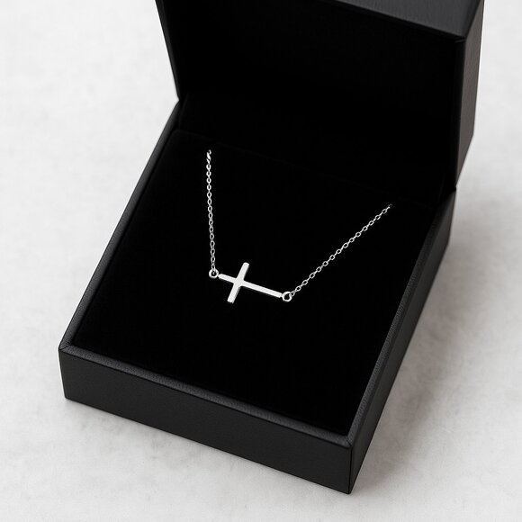 Sterling Silver Sideways Cross Necklace – Dainty Silver Faith Necklace - Picture 4 of 6